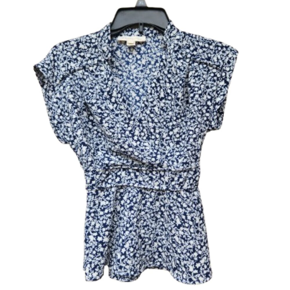 Monteau Ditsy Floral Print Peplum Blouse Blue White Wrap V-Neck